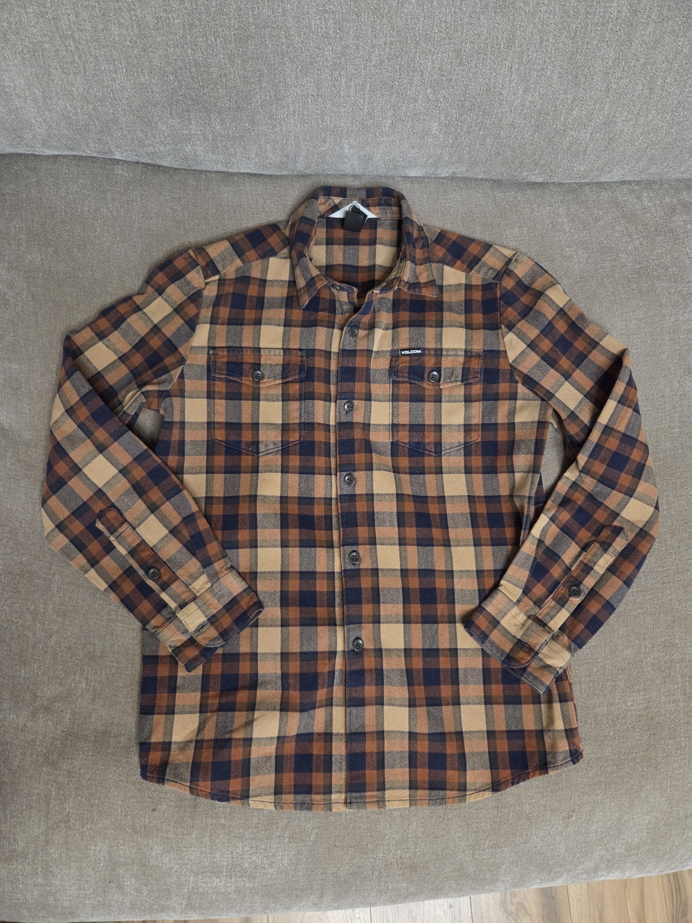 Volcom Boy's Tan & Navy Plaid Button-Up Shirt, Size 10